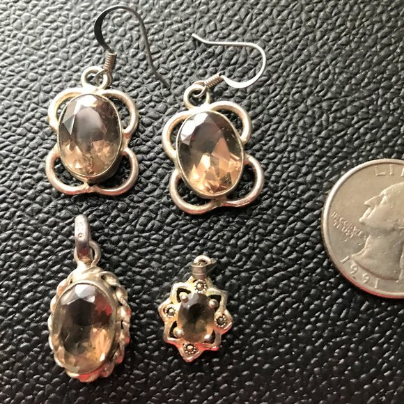 Jewels_by_Sofia Jewelry - Bundle  Smoky topaz Sterling silver earrings handcrafted + 2 Pendants +SS  chain